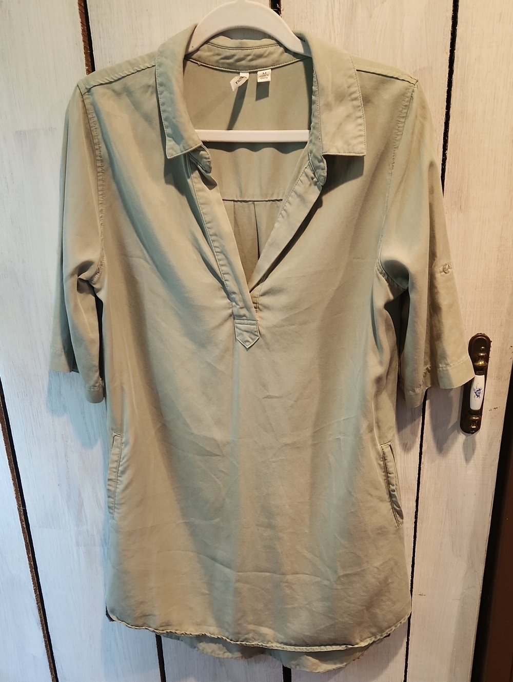 Versona 100% Lyocell Sage Green Shift Dress With Roll Tab Sleeves Size Medium